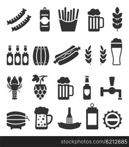 Black Icons of Beer and Snacks Isolated on White Background. Illustration Black Icons of Beer and Snacks Isolated on White Background - Vector