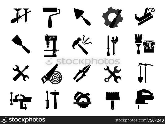 Black icons of of screwdrivers, wrench, paint roller and brush, trowel, jack plane, hammer, pliers, saw, rasp drill press, pickaxe shovel, vice miter saw, spatulas fretsaw. Electric and manual tools black icons
