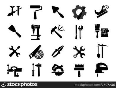 Black icons of of screwdrivers, wrench, paint roller and brush, trowel, jack plane, hammer, pliers, saw, rasp drill press, pickaxe shovel, vice miter saw, spatulas fretsaw. Electric and manual tools black icons