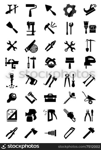 Black icons of screwdrivers and hammers, wrenches and pliers, saws, axes and drills and brush, roll and shovel, toolbox and jack plane, trowel and spatulas, spray and staple guns, vice, crowbar and wheelbarrow . Black electric and manual tool icons