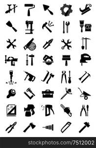 Black icons of screwdrivers and hammers, wrenches and pliers, saws, axes and drills and brush, roll and shovel, toolbox and jack plane, trowel and spatulas, spray and staple guns, vice, crowbar and wheelbarrow . Black electric and manual tool icons