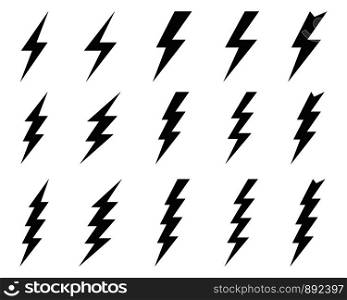 Black icons of thunder and flash lighting on a white background