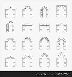 Black icons of vector arch silhouette. Line and exterior, stone ancient, architectural column. Black icons of vector arch silhouette