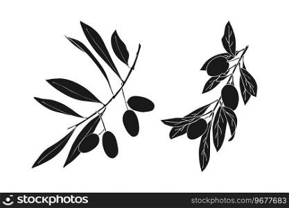 Black icons olive branches, silhouette contour drawn.