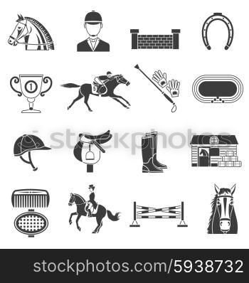 Black Icons Set With Horse Equipment . Black icons set on white background with accessories for horse riding and equestrian sport isolated vector illustration.