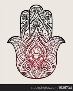 Black illustration of Hamsa with boho pattern and ferruginous glow. Buddhas hand. Vector element for your sketch of tattoo, coloring book, T-shirt print and your design.. Black illustration of Hamsa with boho pattern and ferruginous glow. Buddhas hand.