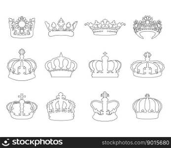 Black illustrations of different crowns on white background