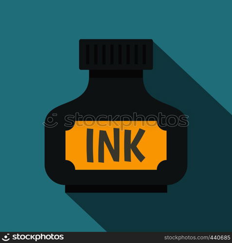 Black ink bottle icon. Flat illustration of black ink bottle vector icon for web on baby blue background. Black ink bottle icon, flat style