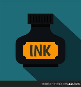 Black ink bottle icon. Flat illustration of black ink bottle vector icon for web on baby blue background. Black ink bottle icon, flat style