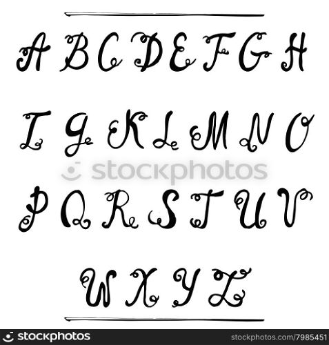 Black ink hand drawn alphabet, capital letters. Curly vintage font. Calligraphy Brush painted script font. Vector.