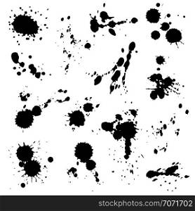 Black ink spots set. Inked splatter dirt stain splattered spray splashes with drops blots isolated vector set. Black ink spots set. Inked splatter dirt stain splattered spray splashes with drops blots isolated vector collection