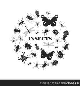 Black insect silhouettes in round shape vector illustration. Black insect silhouettes