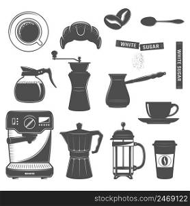 Black isolated colored coffee icon set with utensils for coffee and morning dishes vector illustration. Coffee Icon Set