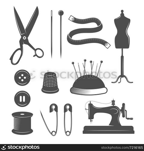Black isolated tailor icon set with set tools for sewing on white background vector illustration. Tailor Icon Set