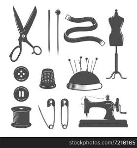 Black isolated tailor icon set with set tools for sewing on white background vector illustration. Tailor Icon Set