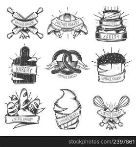 Black isolated vintage bakery icon set with ribbons and place for headlines vector illustration. Vintage Bakery Icon Set