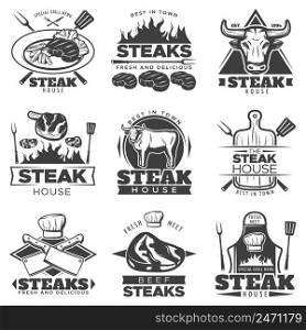Black isolated vintage steak label set with steak house best in town fresh and delicious and fresh meat descriptions vector illustration. Vintage Steak Label Set