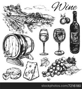 Black isolated wine vineyard icon set with bottle cheese wine barrels field vector illustration. Wine Vineyard Icon Set