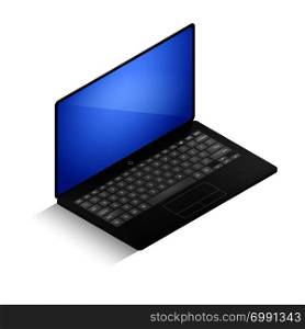 Black Isometric laptop with blue screen and shadow. Isometric laptop