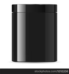 Black jar. Cream container. Cosmetic 3d mockup. Glossy plastic packaging. Black medicine supplement bottle. Vector isolated on white background. Gloss glass package for powder, wax. Protein mock up. Black jar. Cream container. Cosmetic 3d mockup