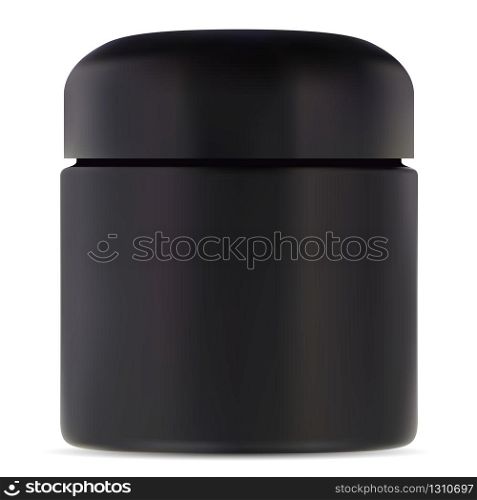 Black jar mockup. Cosmetic cream plastic container. Rounded package with lid for scrub or butter. Premium face or body skin care product can. Black jar mockup. Cosmetic cream plastic container