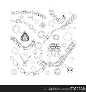Black jewellery illustration hand drawn. White background. T-shirt, poster, banner vector design, greeting cards, jewellery store advertisements. Vector illustration.. Black jewellery decor illustration.