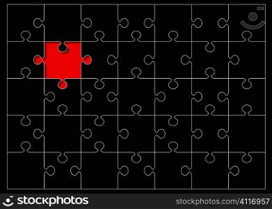 Black jigsaw puzzle with red missing piece and white outline