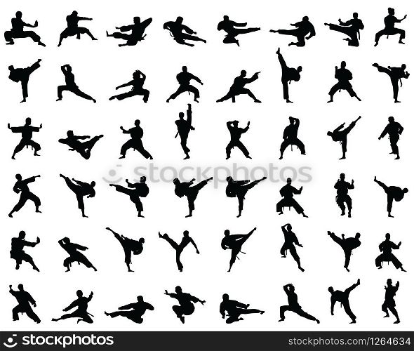 Black karate silhouettes on the white background