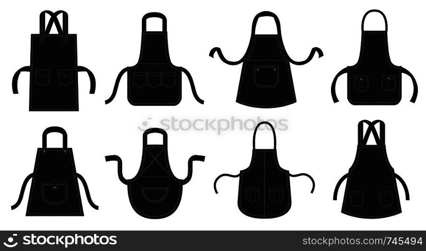 Black kitchens aprons. Waiter apron, restaurant chef uniform with seam patch pocket and kitchen uniforms. Elegant restaurant chefs wear, barbecue protect cloth. Isolated vector icons illustration set. Black kitchens aprons. Waiter apron, restaurant chef uniform with seam patch pocket and kitchen uniforms vector illustration set