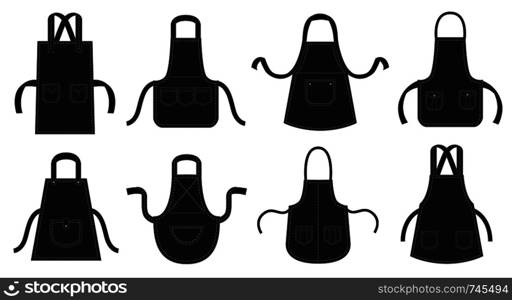 Black kitchens aprons. Waiter apron, restaurant chef uniform with seam patch pocket and kitchen uniforms. Elegant restaurant chefs wear, barbecue protect cloth. Isolated vector icons illustration set. Black kitchens aprons. Waiter apron, restaurant chef uniform with seam patch pocket and kitchen uniforms vector illustration set