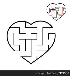 Black labyrinth heart. Game for kids. Puzzle for children. Maze conundrum. Valentine&rsquo;s Day. Flat vector illustration isolated on white background. With answer. Black labyrinth heart. Game for kids. Puzzle for children. Maze conundrum. Valentine&rsquo;s Day. Flat vector illustration isolated on white background. With answer.