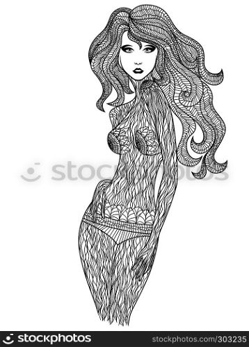 Black lady body contour decorated with various patterns, vector on the white background