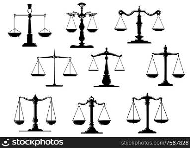 Black law scale icons with balance position isolated on white background