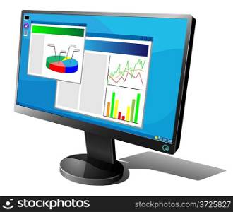 Black LCD monitor with graphs on the screen isolated on white background.