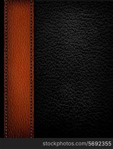 Black leather background with brown leather strip. Vector illustration.