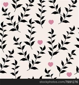 Black leaves and hearts. Vector abstract floral seamless pattern