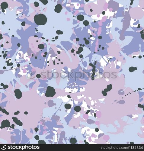 Black, lilac, white, purple artistic ink paint splashes camouflage seamless vector pattern