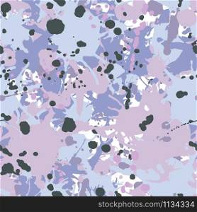 Black, lilac, white, purple artistic ink paint splashes camouflage seamless vector pattern