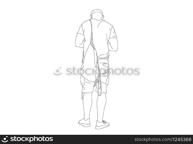 Black Line art sketch of a man is standing with backpacks, back view. Hand drawn illustration isolated on white background