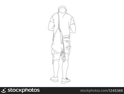 Black Line art sketch of a man is standing with backpacks, back view. Hand drawn illustration isolated on white background
