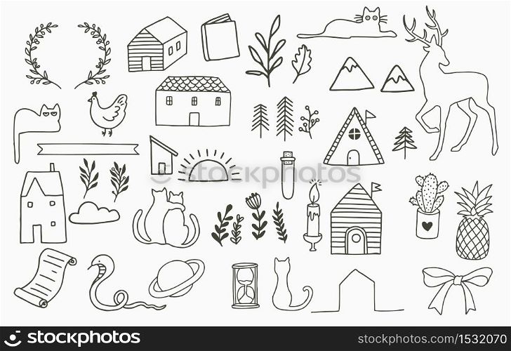 Black line collection with cactus, flower,house,cat,deer.Vector illustration for icon,logo,sticker,printable and tattoo