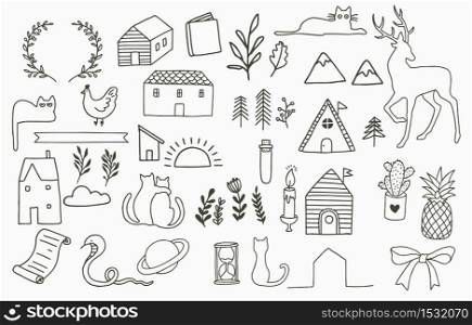 Black line collection with cactus, flower,house,cat,deer.Vector illustration for icon,logo,sticker,printable and tattoo