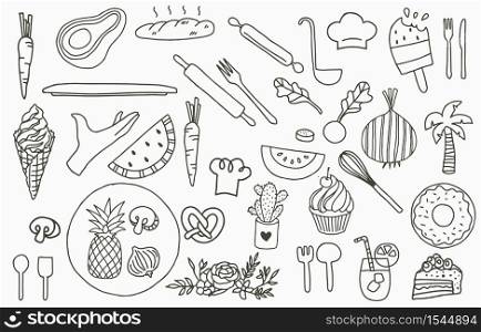 Black line collection with cactus, food,fruit,watermelon,onion.Vector illustration for icon,logo,sticker,printable and tattoo