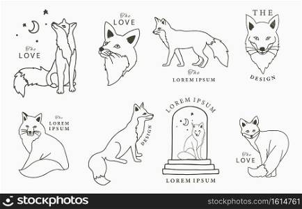 Black line collection with fox,moon.Vector illustration for icon,sticker,printable and tattoo