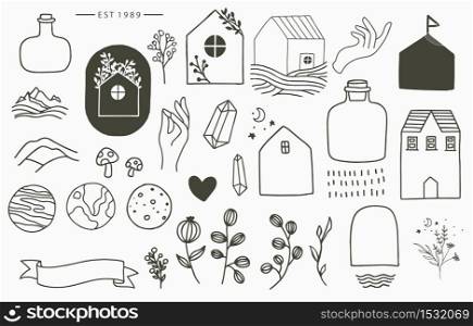 Black line collection with hand, flower,house,planet,jar.Vector illustration for icon,logo,sticker,printable and tattoo
