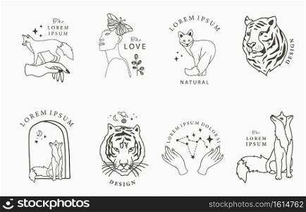 Black line collection with woman, fox,tiger.Vector illustration for icon,sticker,printable and tattoo