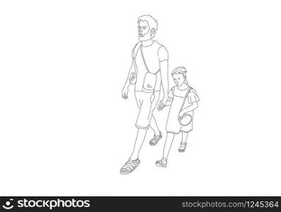 Black line drawing of father and his daughter walking , Line art minimalist design on white blackground.