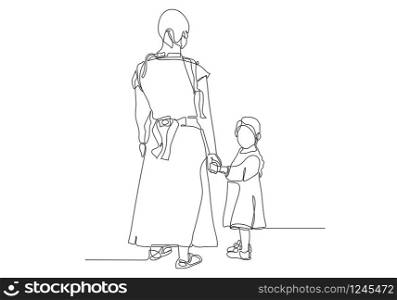 Black line drawing of mother and his daughter walking , Line art minimalist design on white blackground.