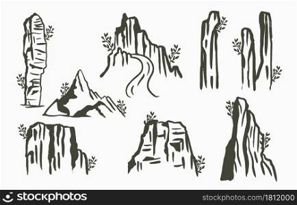 Black line natural scenery with mountain,sun,tree