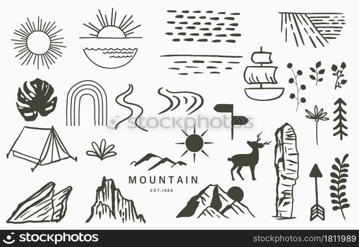 Black line natural with mountain,river,tree,sun,tent,deer